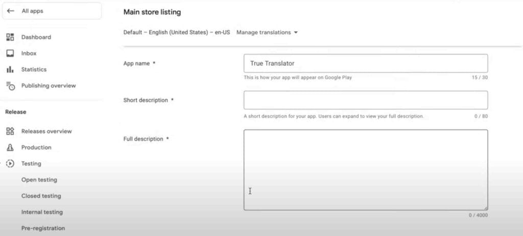 Create App Listing for Play store